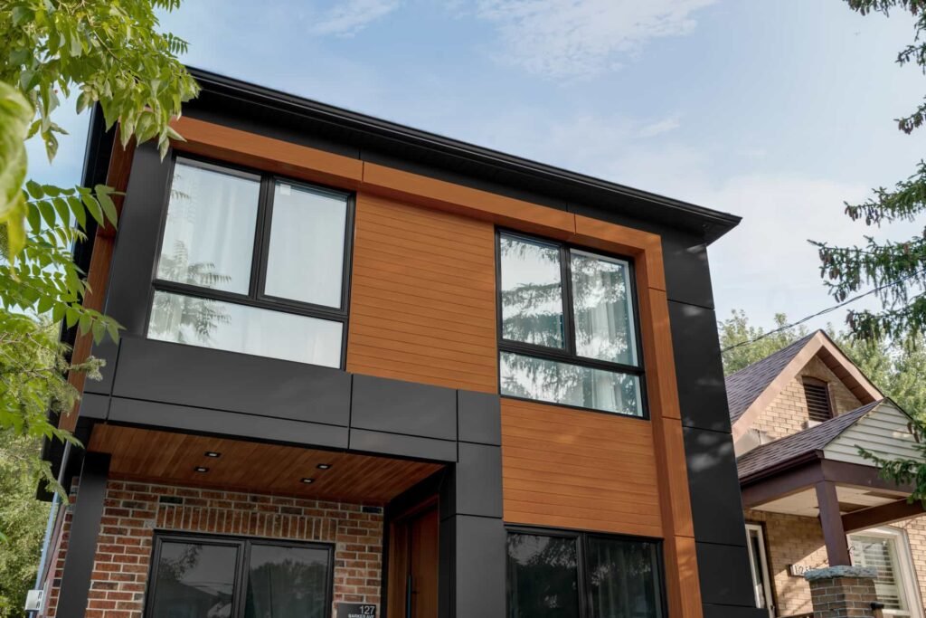 Modern home utilizing vedrex woodgrain aluminum siding and soffit systems