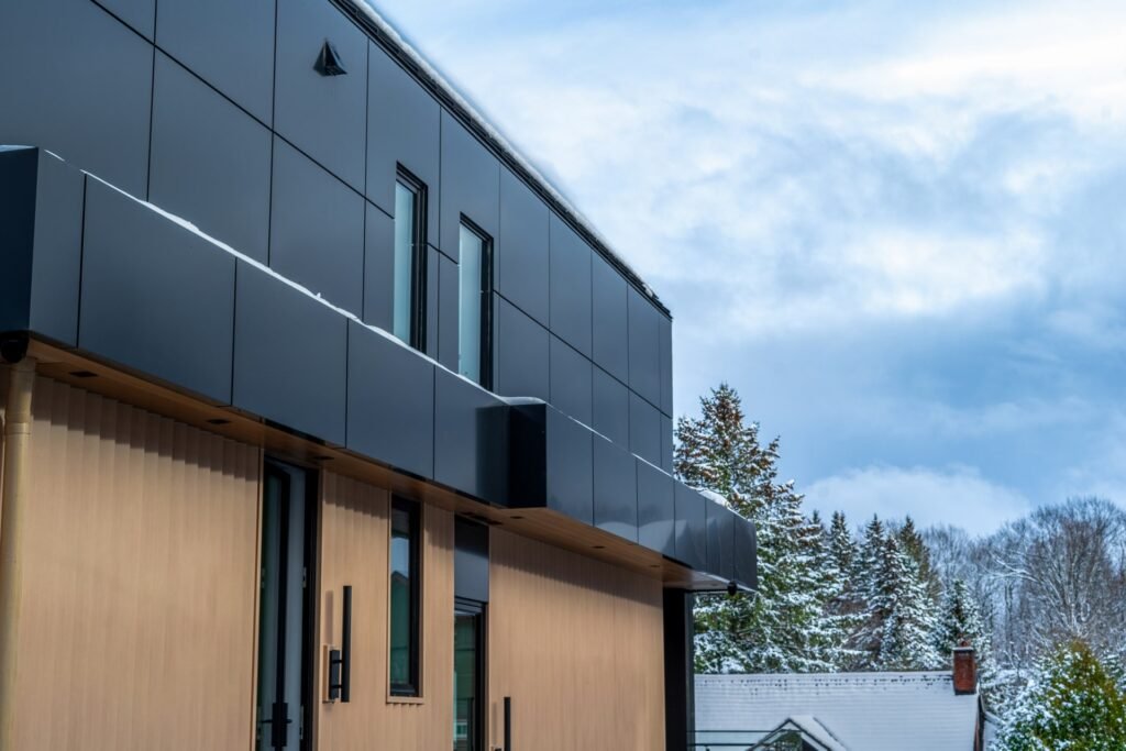 Commercial building utilizing vedrex woodgrain aluminum cladding systems and soffit systems