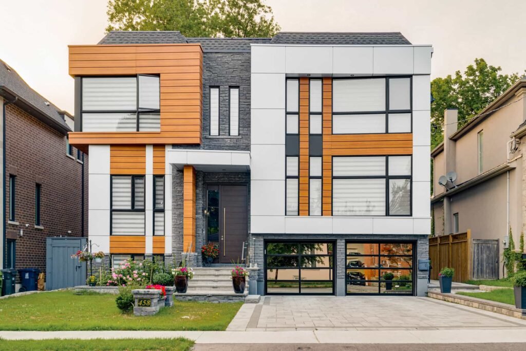 Modern home utilizing vedrex woodgrain aluminum cladding systems