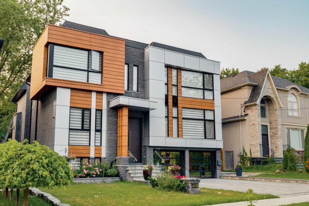 Modern home utilizing vedrex woodgrain aluminum cladding systems