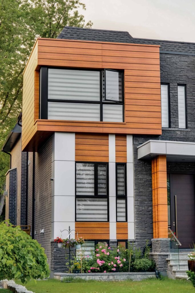 Modern home utilizing vedrex woodgrain aluminum cladding systems