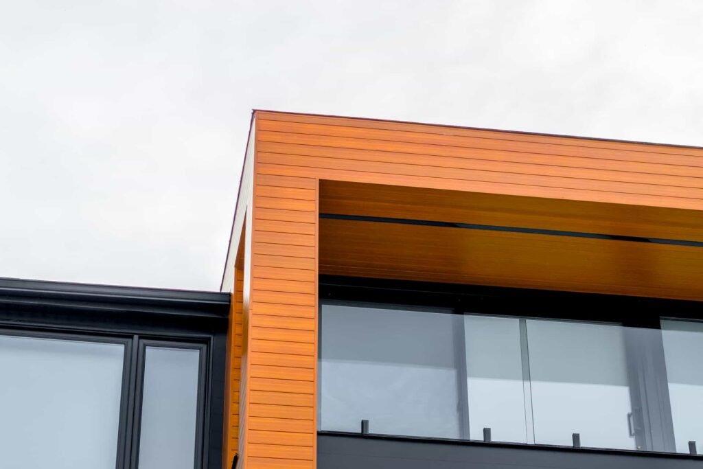 Modern Toronto home with wood-grain aluminum soffit under the eaves