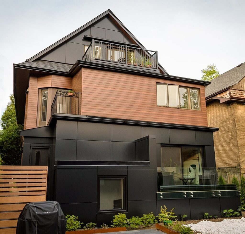 Modern home utilizing vedrex woodgrain aluminum cladding systems