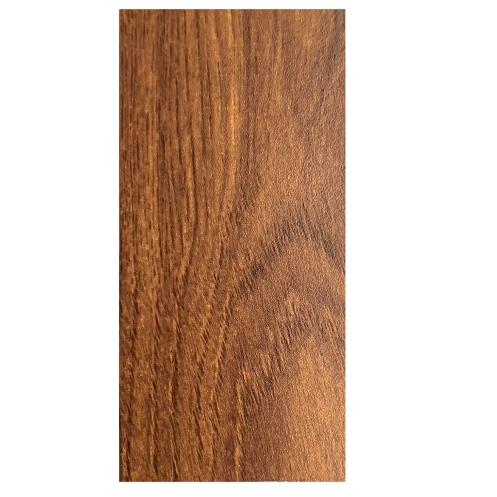 Close-up of Dark Brown Aluminum Siding with a textured Brown Oak wood-grain pattern and warm amber undertones.