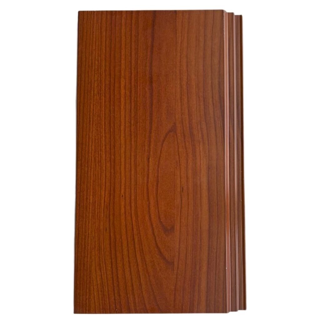 Flat front view of a Dark Brown Aluminum Siding plank featuring a vertical Dark Wood grain and side grooves.