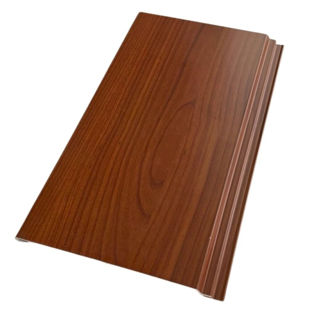 Angled side view of Dark Brown Aluminum Siding showing a smooth Dark Wood grain finish and interlocking edge.