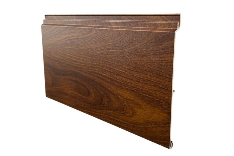 Dark brown aluminum siding panel with a textured Kwila wood grain finish, shown from a side-profile perspective.