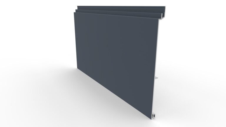 A side profile view of a modern slate gray aluminum siding panel showing its interlocking mounting channel.