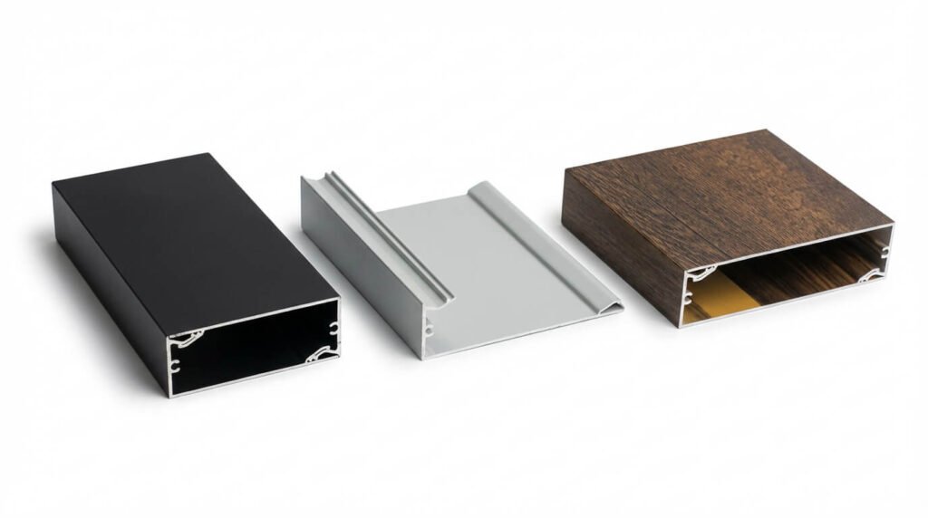 Three VEDREX linear system aluminum profiles side-by-side: black, silver, and wood-grain finishes