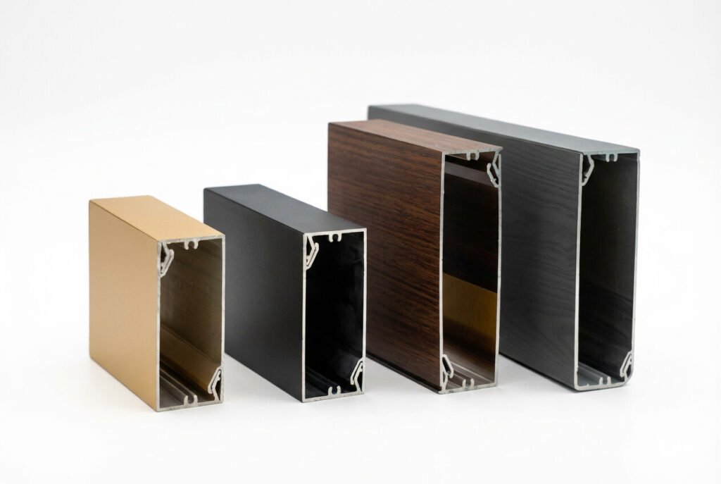 Four VEDREX linear system aluminum profiles in gold, black, dark wood-grain, and gray finishes
