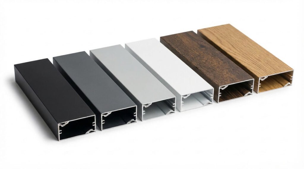 Six VEDREX linear system aluminum profiles in black, dark gray, light gray, white, medium wood-grain, and light oak finishes