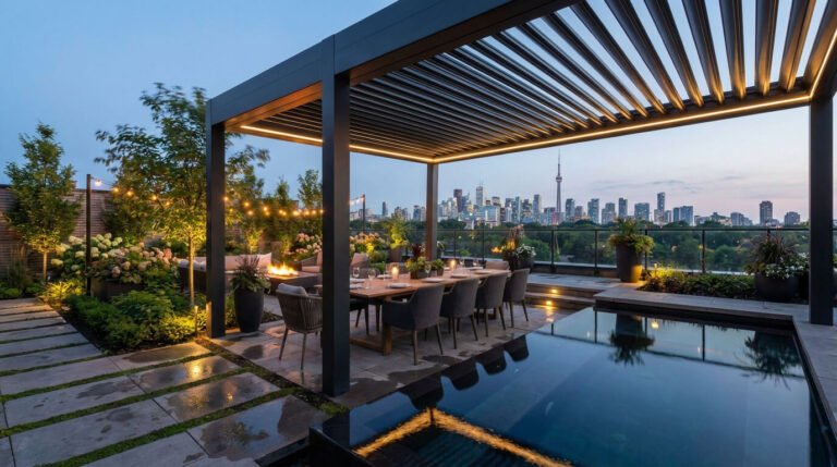 Aluminum pergola overlooking Toronto skyline at night with city lights