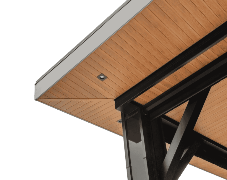Woodgrain aluminum soffit with white fascia on a modern home