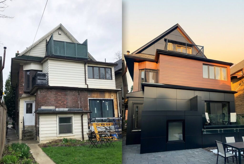 Before and after split screen showing an old white exterior transformed with modern light brown woodgrain aluminum siding installation in Ontario