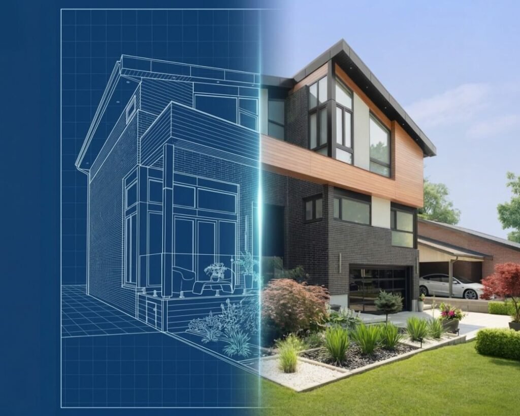 Split screen graphic showing a technical blueprint drawing transitioning into a finished residential exterior after a modern aluminum siding installation
