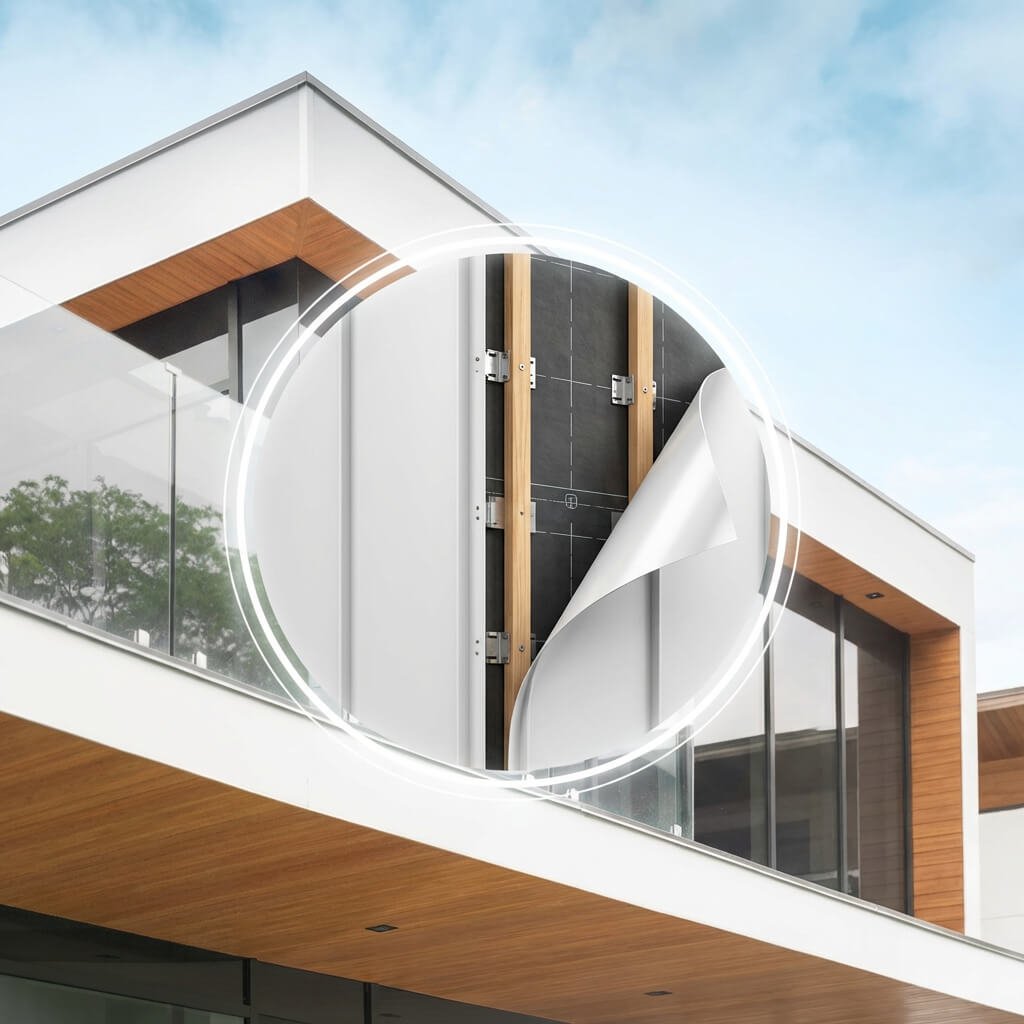 Detailed close-up showing specialized Vedrex mounting clips locking modern extruded aluminum siding planks into place