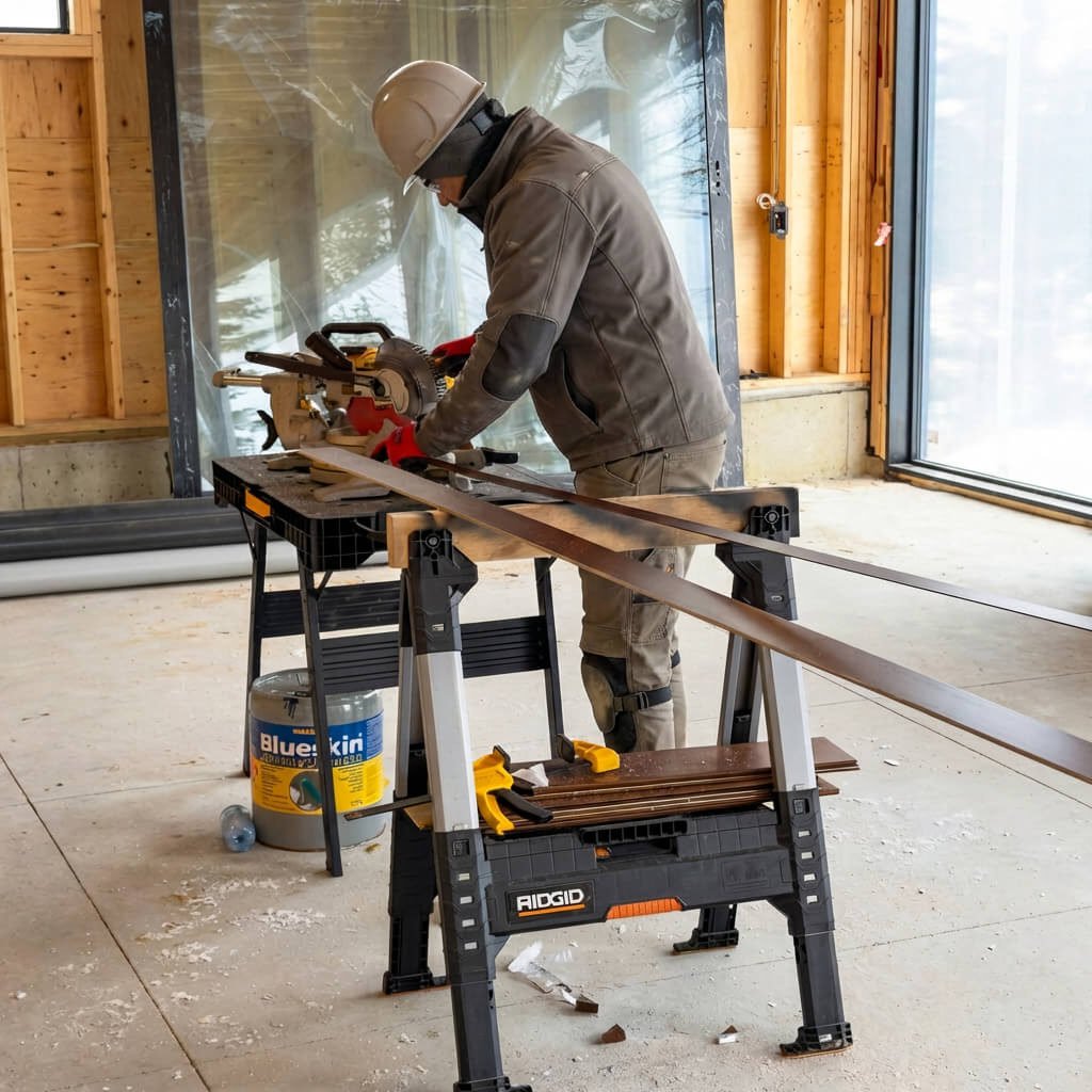 Aluminum siding installer wearing safety gear using a miter saw to precisely cut light brown woodgrain aluminum siding panels during a professional installation