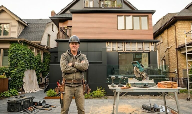 A friendly aluminum siding contractor in a hard hat and tool belt stands with arms crossed in front of a modern house under construction, with a scaffold and tools visible in the foreground.