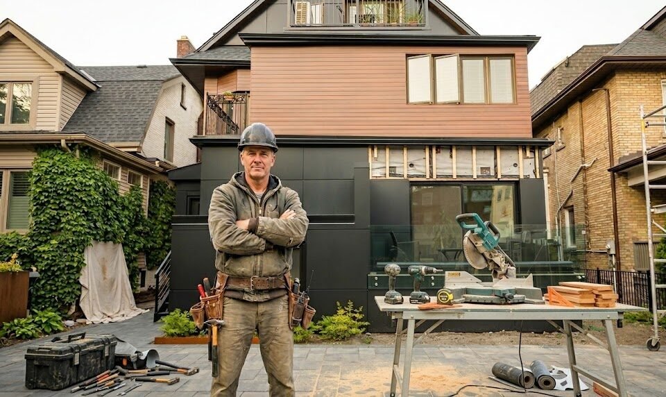 A friendly aluminum siding contractor in a hard hat and tool belt stands with arms crossed in front of a modern house under construction, with a scaffold and tools visible in the foreground.