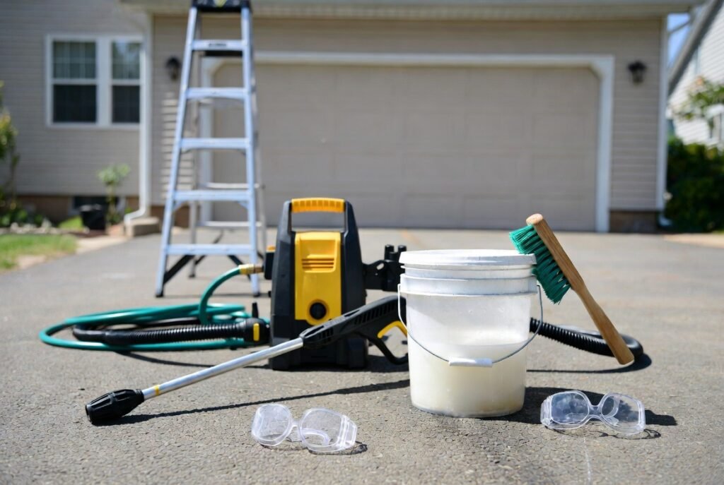 Homeowner preparing tools and area for safely washing aluminum siding