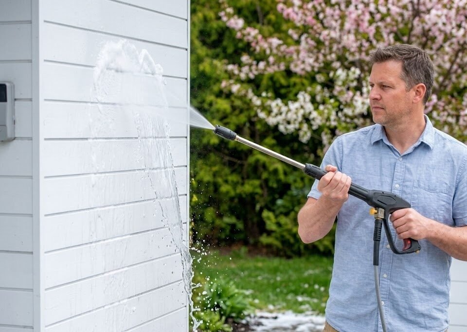 Rinsing aluminum siding safely from top to bottom