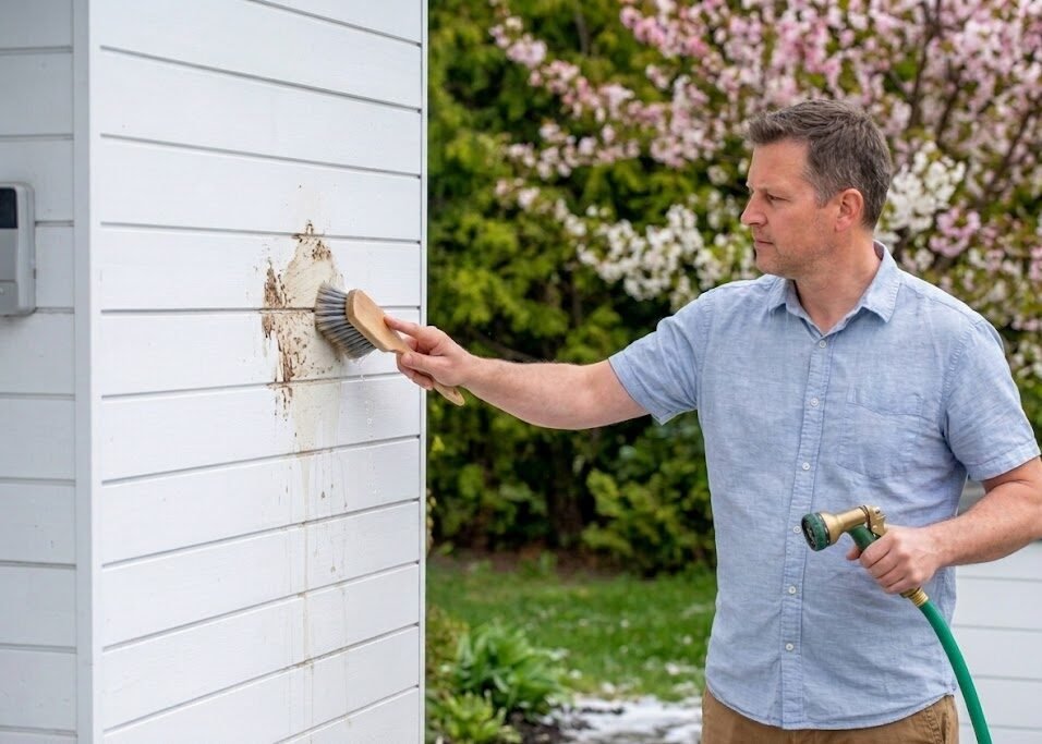 Hand washing aluminum siding with soft brush and ladder