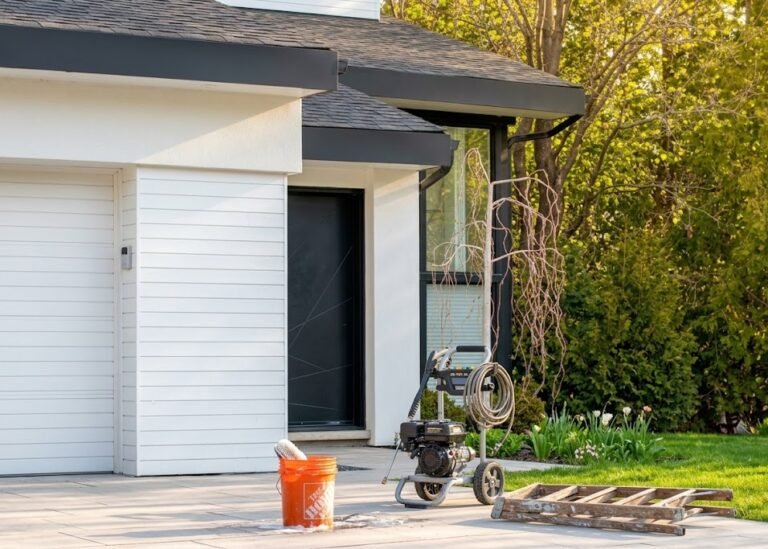 pressure washing aluminum siding on a modern house exterior
