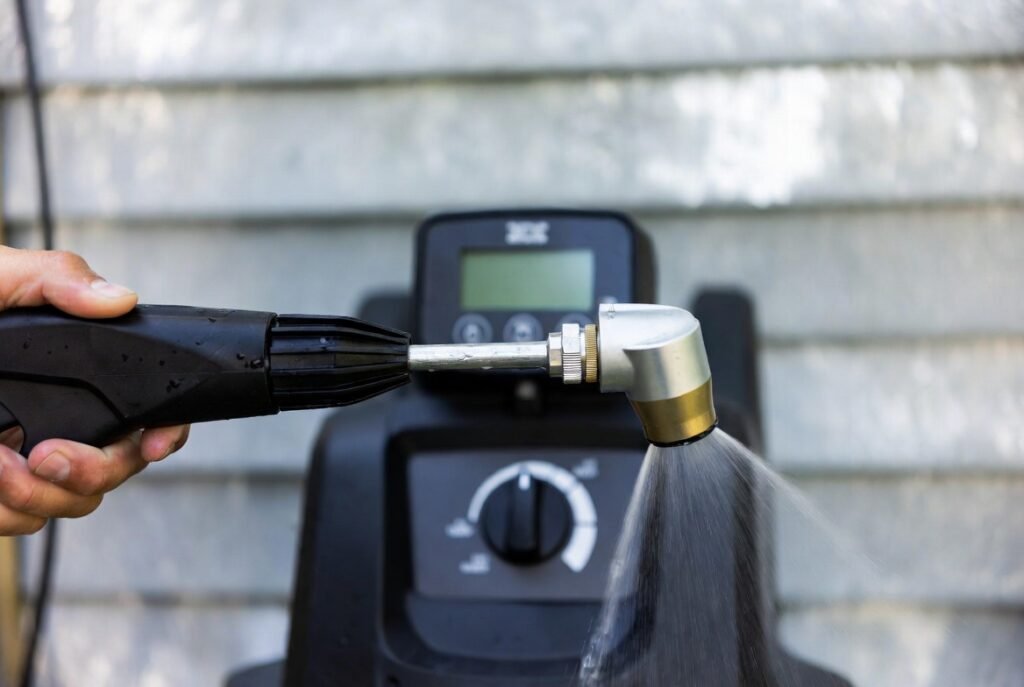Pressure washer set to safe low PSI for aluminum siding