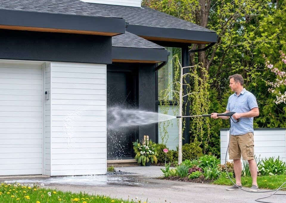 Applying mild cleaner to aluminum siding from bottom to top