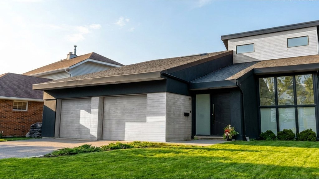 Modern dark gray and white aluminum siding house with a double garage, large windows, and a green front lawn.