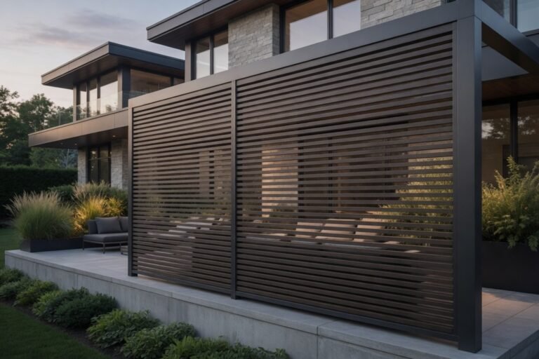 Modern aluminum privacy screen with horizontal charcoal woodgrain battens enclosing a contemporary backyard patio in the Greater Toronto Area