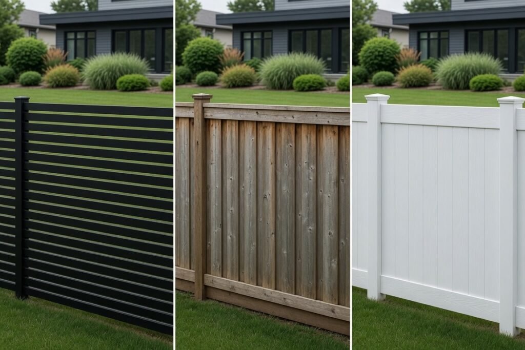 Side-by-side comparison of modern aluminum, traditional wood, and vinyl privacy fences in a Toronto backyard