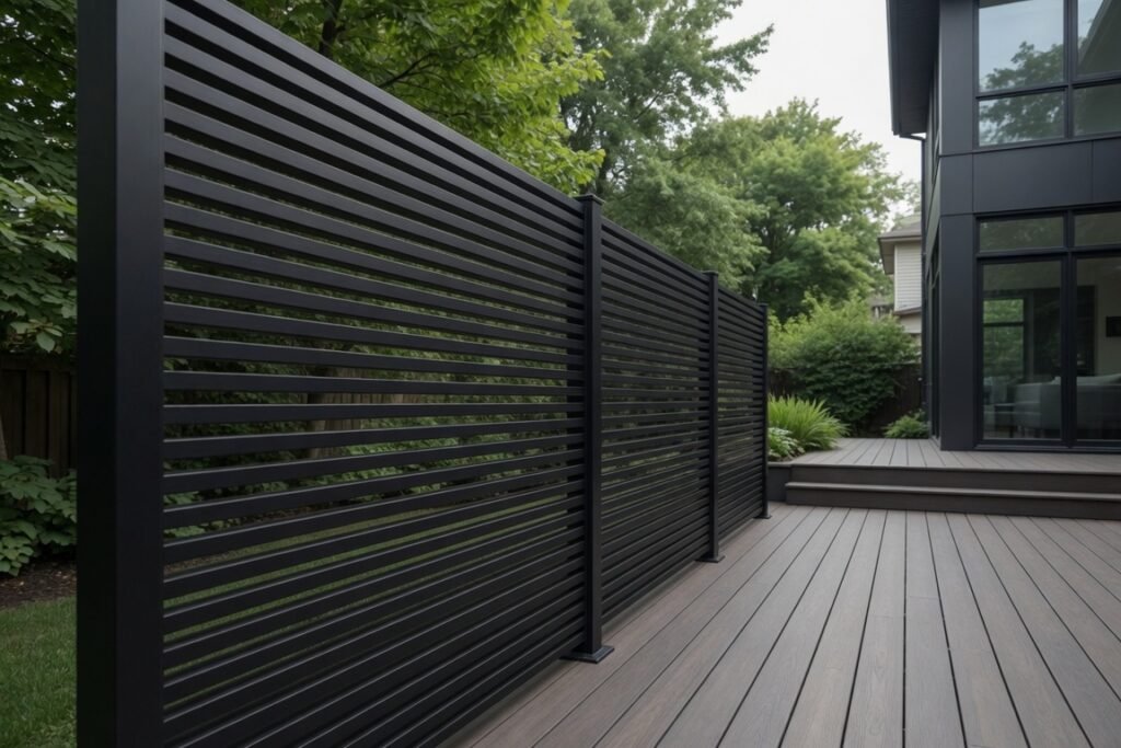 Modern black aluminum privacy screen with horizontal battens installed on a Toronto backyard deck
