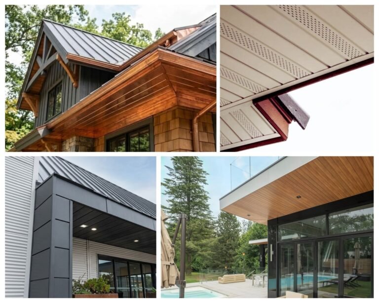 Types of metal soffit examples on Toronto homes – copper, aluminum, vented, and woodgrain finishes