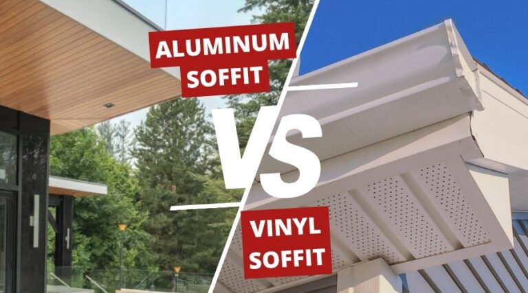 A split-screen comparison graphic showing a wood-look aluminum soffit on the left and a vented white vinyl soffit on the right.