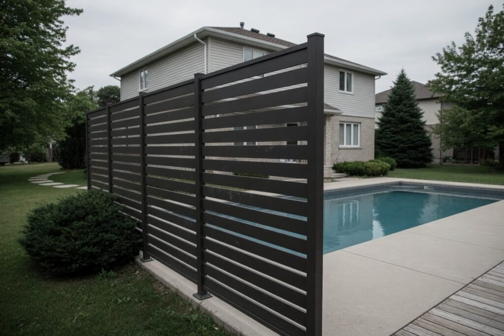 Aluminum privacy screen used as a pool enclosure in a Mississauga backyard