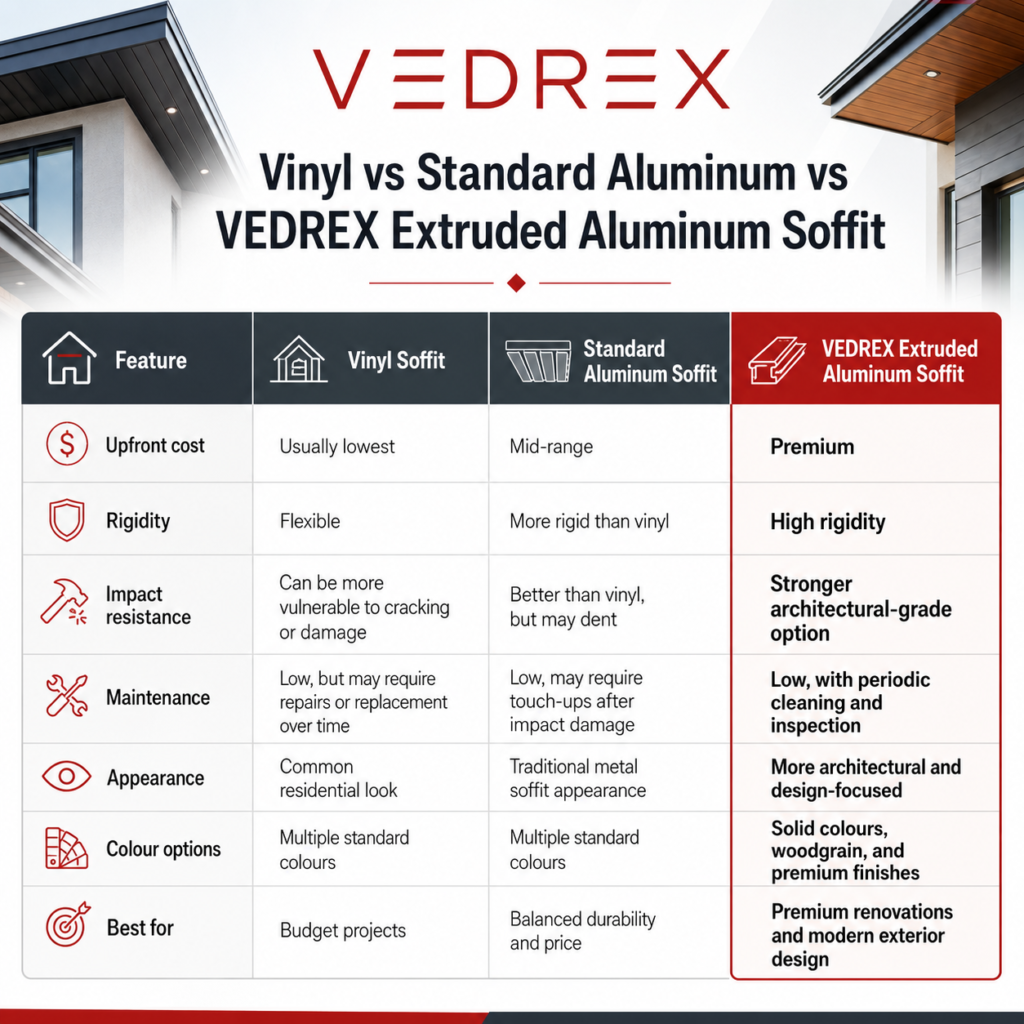 Comparison infographic of vinyl vs aluminum soffit, and VEDREX extruded aluminum soffit, covering cost, rigidity, impact resistance, maintenance, appearance, colour options, and best uses.