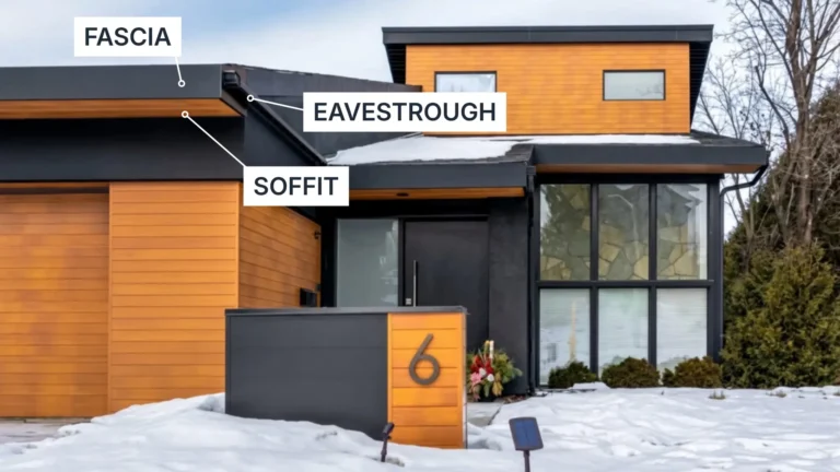 Diagram showing soffit meaning and related roof edge parts including fascia, eaves and gutters