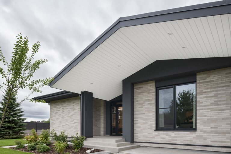 A clean architectural exterior photograph of a modern residential home with crisp white aluminum soffit under the roof overhang.