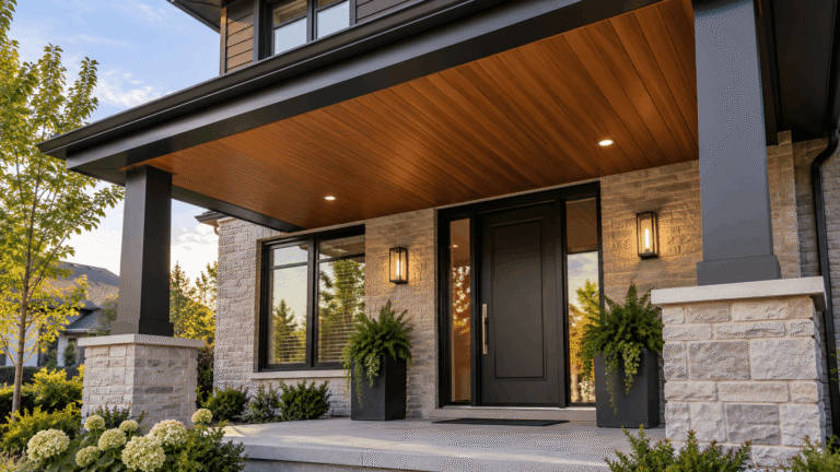 Woodgrain aluminum soffit installed on a covered porch ceiling of an Ontario home