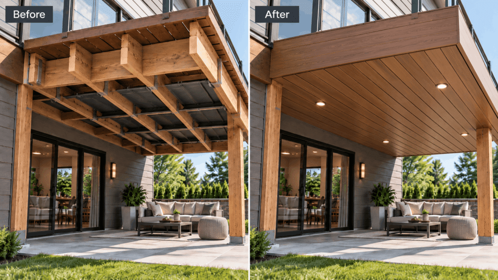 Before and after elevated deck showing exposed framing replaced with aluminum soffit ceiling and matching aluminum fascia