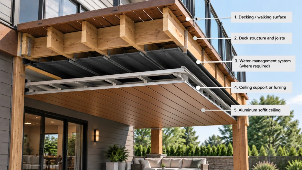 Cutaway showing decking, joists, water-management system, ceiling support, and aluminum soffit under an elevated deck