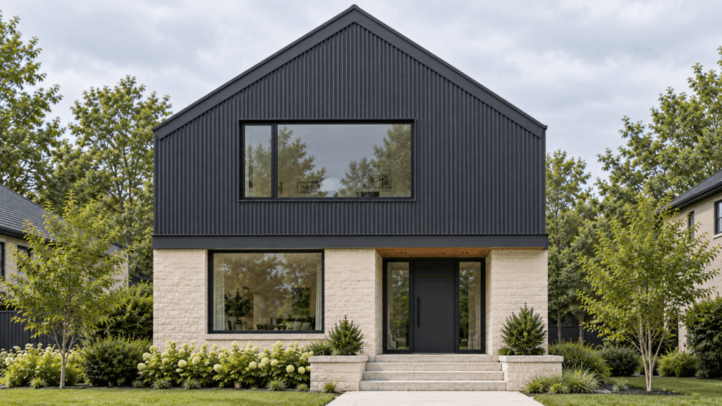 Contemporary home with vertical charcoal corrugated aluminum siding on the gable above a pale limestone ground floor.