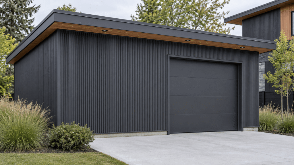 Modern garage with vertical charcoal corrugated aluminum siding, a woodgrain soffit and a flush dark garage door.