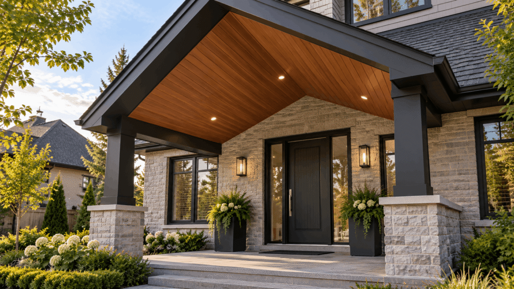 Gable porch roof with vaulted woodgrain aluminum soffit ceiling