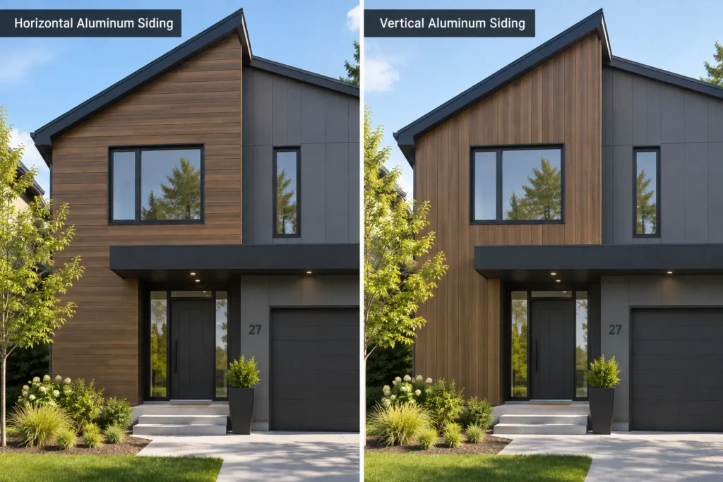 Side-by-side comparison of horizontal and vertical 6-inch woodgrain aluminum siding on the same modern home