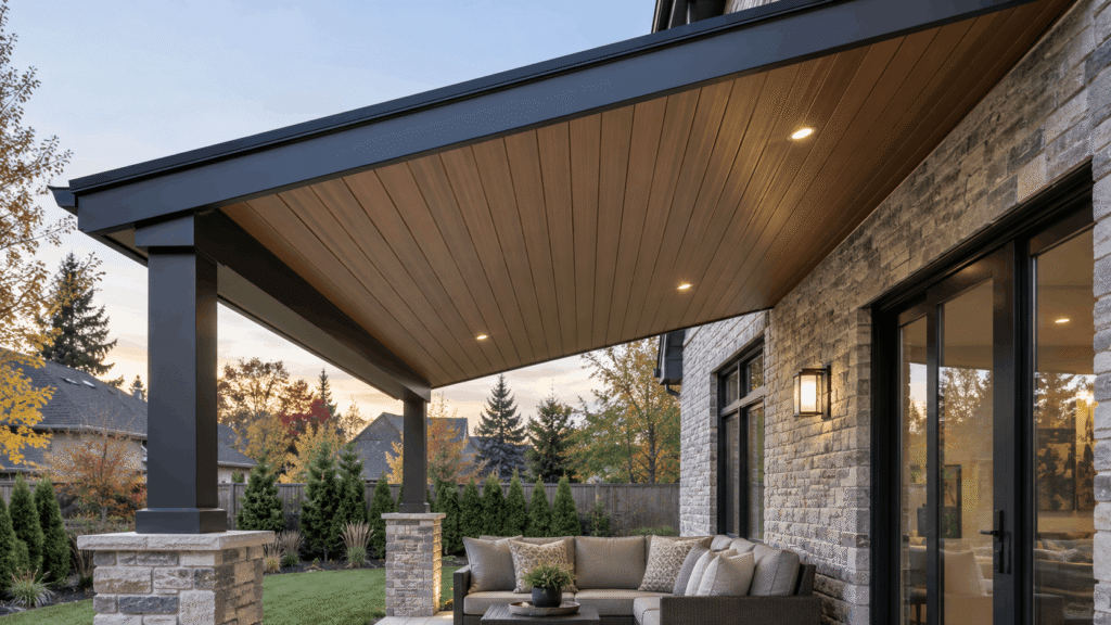 Shed roof porch with sloped aluminum soffit ceiling