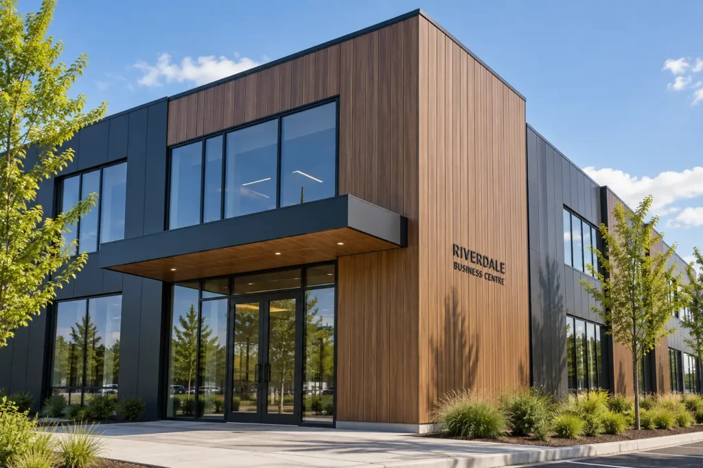 Modern commercial building with vertical woodgrain aluminum siding panels and dark architectural cladding
