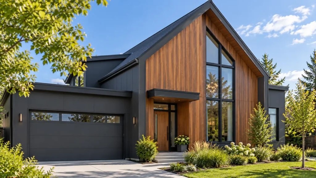Modern gable clad with vertical woodgrain aluminum siding panels to emphasize the height of the roofline
