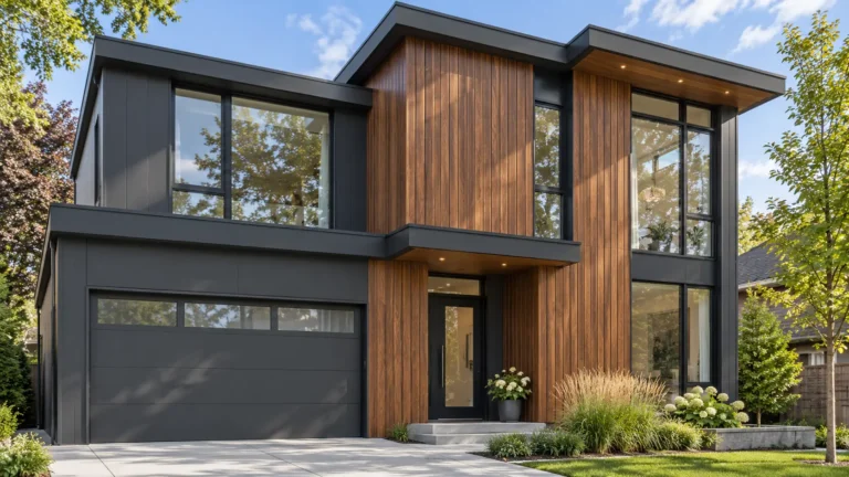 Modern home exterior with vertical woodgrain aluminum siding panels and charcoal VEDREX cladding